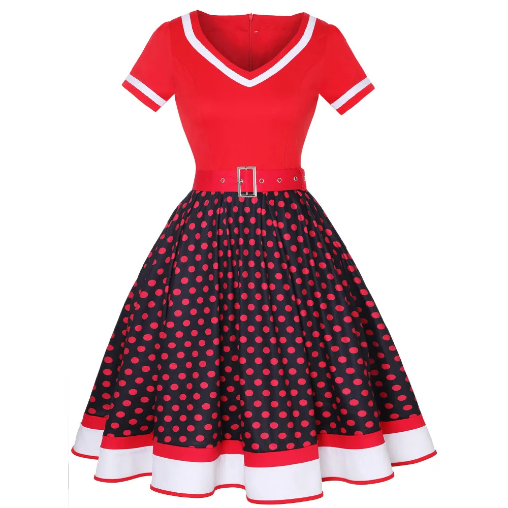 Plus Size Women Polka Dot Print Vintage Dress V-Neck Short Sleeve Belt Hepburn Dress Sweetheart Pin Up 50s Party Dresses Vestido