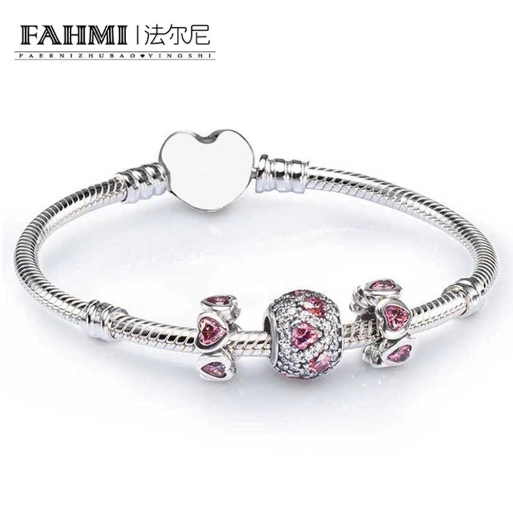 

FAHMI 100% 925 Sterling Silver SALE - PINK HEART PAVE BALL CHARM BRACELET SET fit DIY Original charm Bracelets jewelry A Set