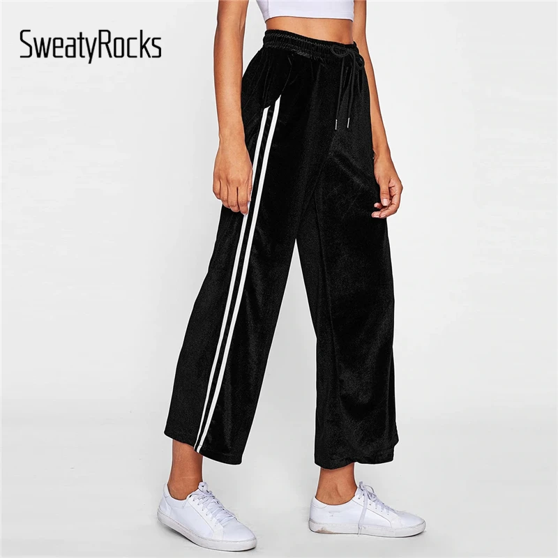 

SweatyRocks Stripe Side Velvet Wide Leg Pants Streetwear Drawstring Waist Black Pants 2019 Spring Loose Trousers Women Pants