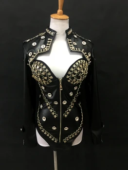 

Halloween New Cool PU Leather Stage Leotard Jumpsuit Handmade Fork Nightclub Female DJ Singer Bodysuit Outfits