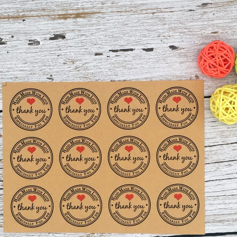 

120Pcs Kraft Thank You Coffee Heart Circle Hand made With Love Cake Packaging Sealing Label Sticker Baking DIY Stickers