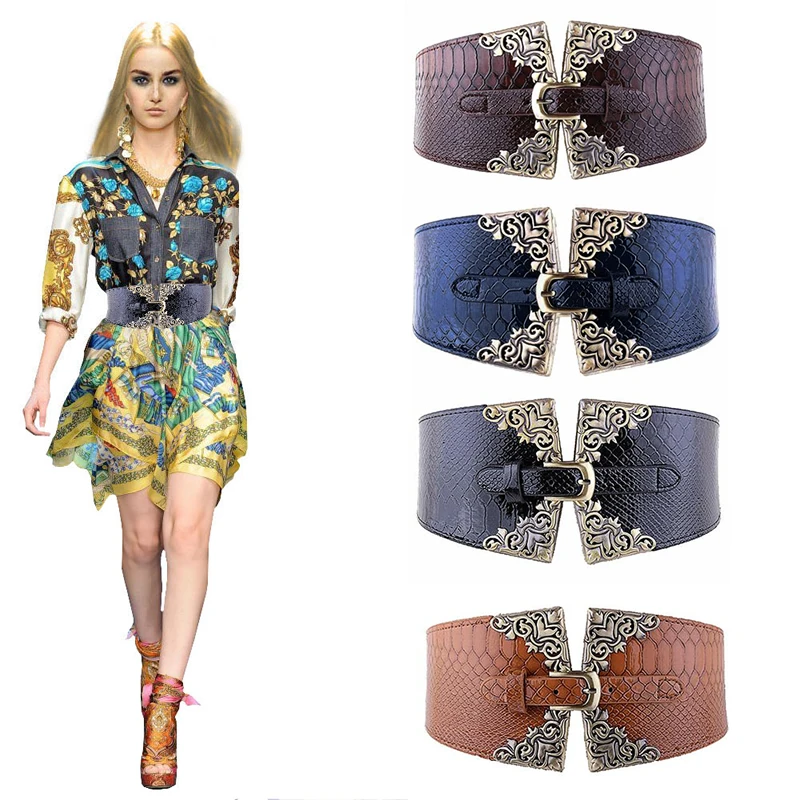 

Fashion Lady Women Elastic Waistband Wide Waist Belt Retro Metal Buckle Leather