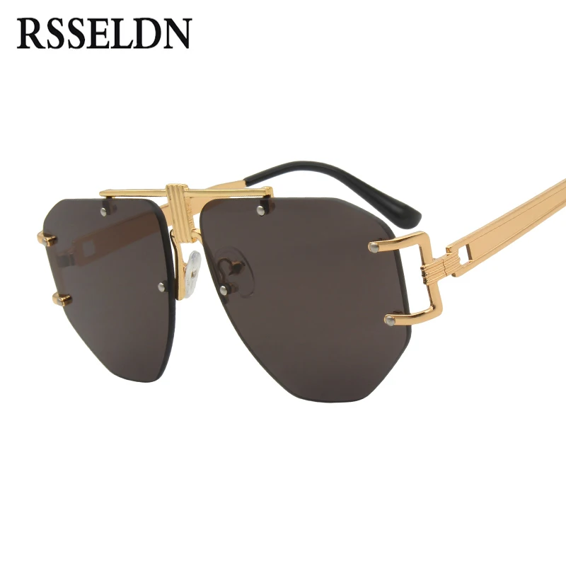

RSSELDN Oversized Rimless Sunglasses Women Men 2019 Brand Designer Metal Frame Brown Yellow Punk Sun glasses Female Retro UV400