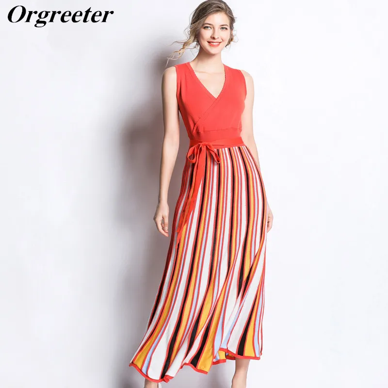 

2019 Spring Fashion Rainbow Striped Pleated Knitted Long Dress Runway Deisgn Women Sexy V-Neck Sleeveless Casual Mid-calf Dress
