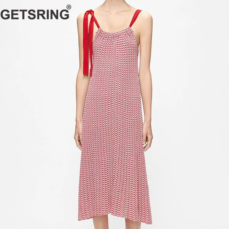 

GETSRING Womem Dress Bandage Sleeveless Sling Knitting Dresses Red Striped Vintage Sexy Long Summer Dress Women 2019 New Fashion