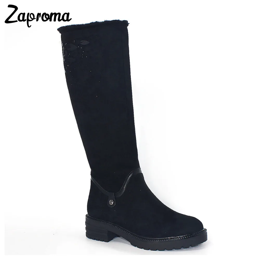

2017 Med Heel Plush Winter Knee High Boots Women Snow Fur Black Chunky Heel Bling Appliques Shoes Warm Flower Boots Tall Casual