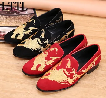 

Plus Size LTTL Suede Men Dress Shoes Club Loafers Shoes Man Male Party Shoes Gold Embroidery Men Flats Black Red Chaussure Homme