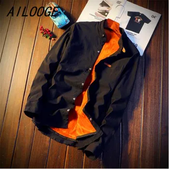 

AILOOGE Men's Winter Stand collar Casual Solid color Fleece Corduroy Wool Warm Shirt fashion Male Long Sleeve Shirts blouses