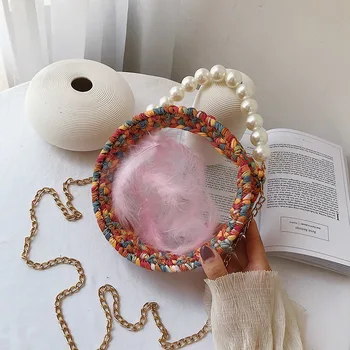 

New pure hand-woven built-in feather small round bag transparent color chain pearls shoulders shoulder diagonal female bag