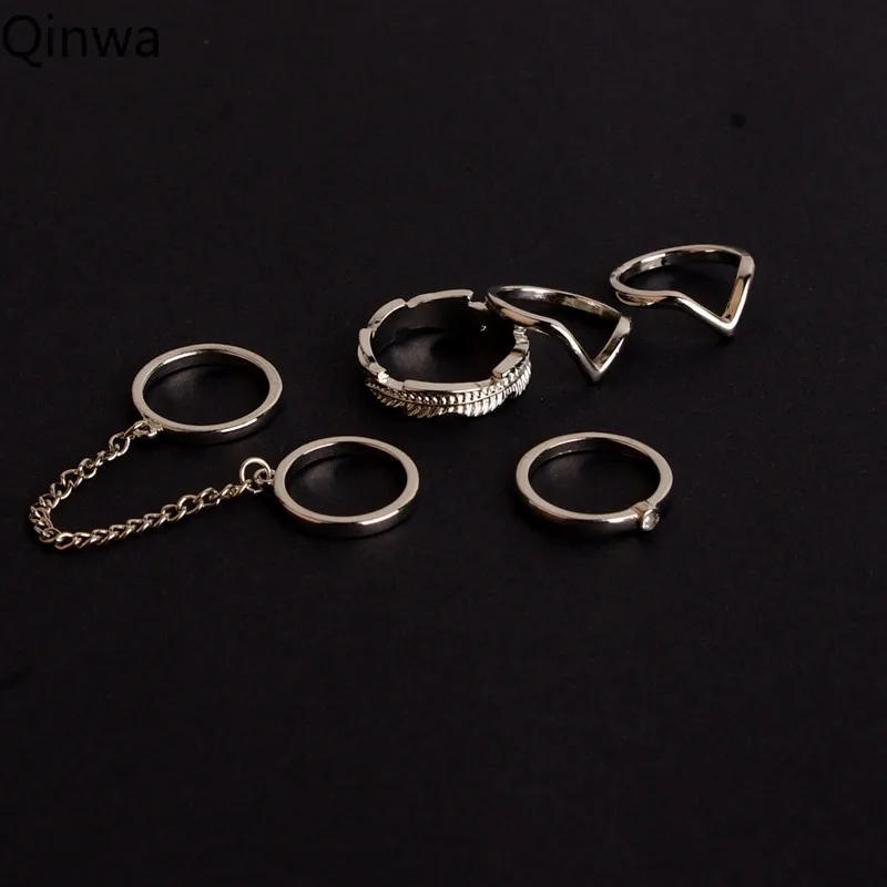 

2019 New 6pcs/lot Unique Leaf Crystal Ring Set Punk Style Gold Color Knuckle Rings For Women Midi Finger Knuckle Link Chain Ring