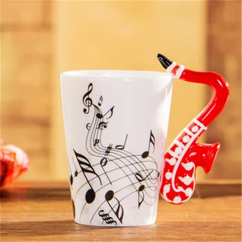 

Musical Instrument Notes Coffee Mug With Saxophone Shaped Unique Handle Fashion Tea Milk Ceramic Porcelain Mug