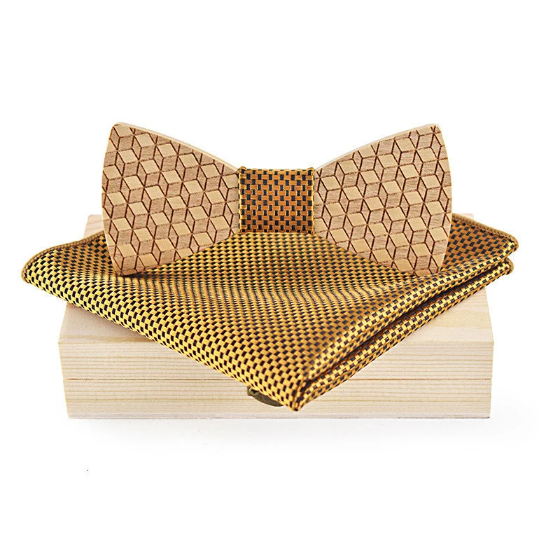  Handmade Wooden Bowtie Pocket Square Set Wedding Polyester Handkerchief Neckwear Wood Bow Tie for M