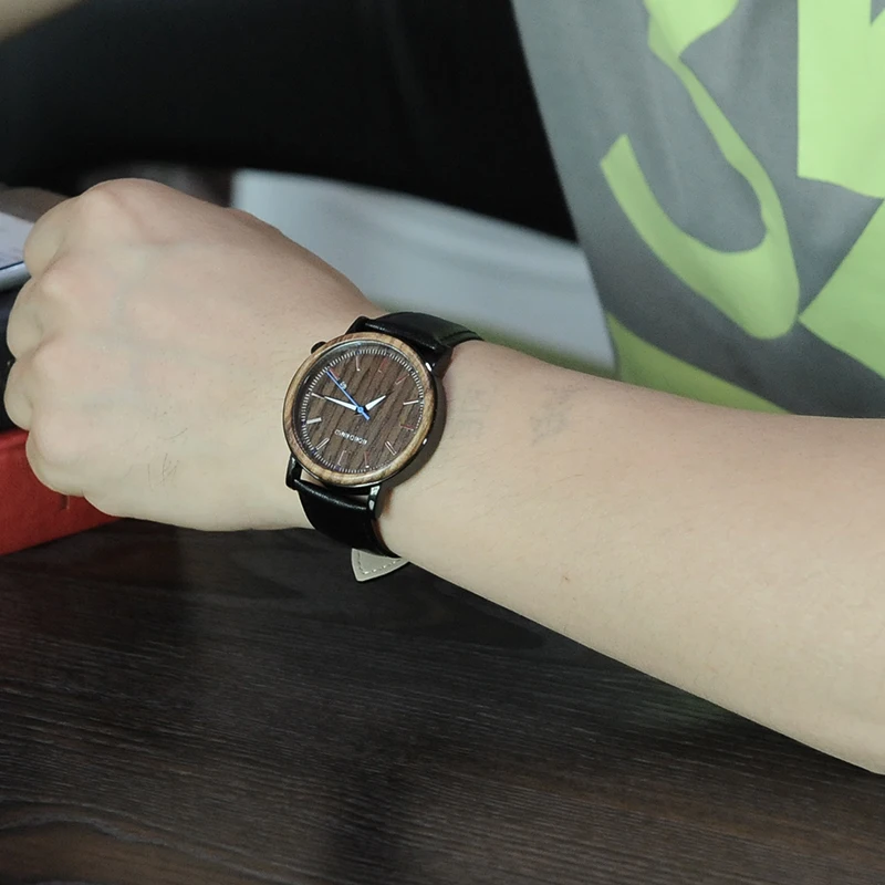 BOBO BIRD Date Display Men Watch Antique Steel Case Wooden Bezel Dress Watch with Soft Leather in Wood Gift Box