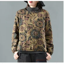 Зимняя женская футболка в стиле ретро, свободная, мягкая, теплая, с рисунком, топы, новинка, футболка с высоким воротником, повседневная, женская, Смешанная футболка