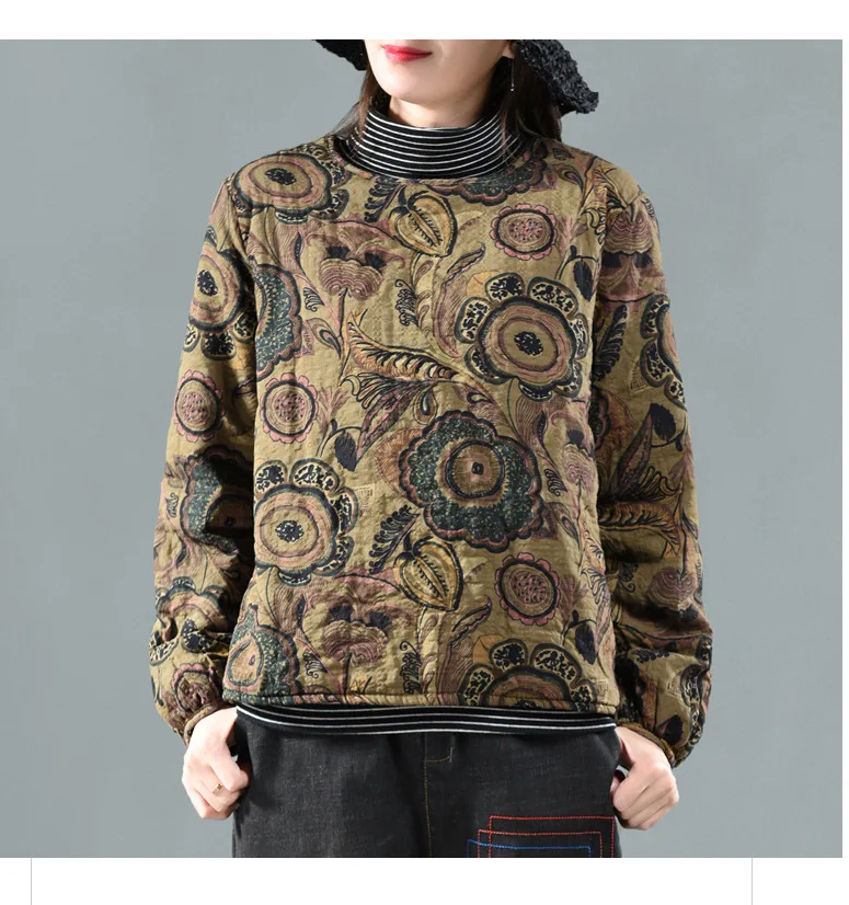 

Winter T-shirt Retro Women Loose padded Warm Print Pattern Tops New T-shirt Half high collar Casual Female Blended T-shirt 2018