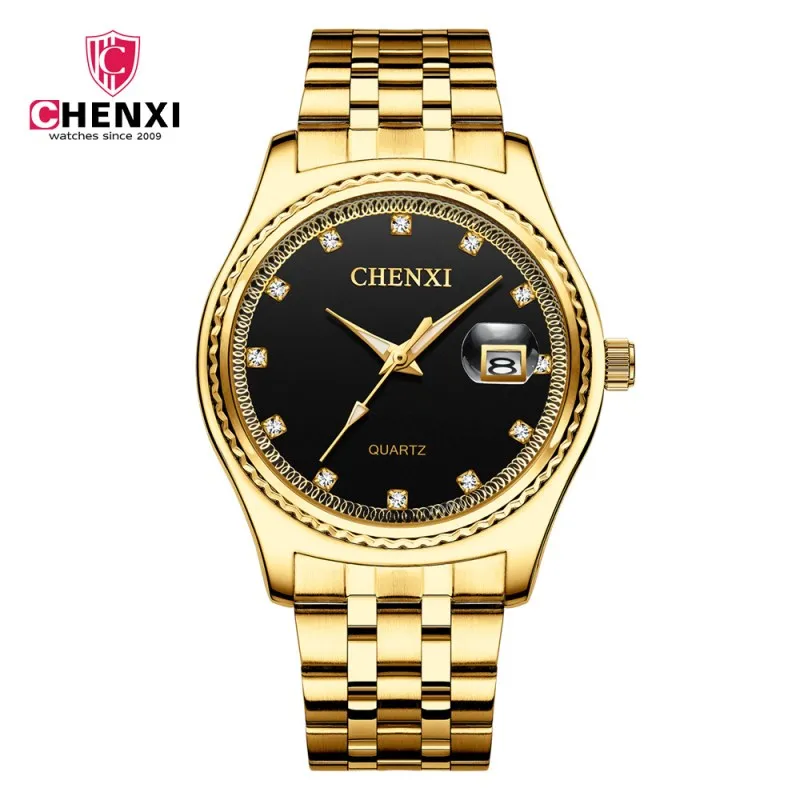 

CHENXI Golden Watch Men Fashion Rhinestone Wristwatch Luxury Gold Steel Strap Retro Man Business Dress Clock Gift heren horloge