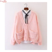 Big Pockets V-neck Large Size Simple Sweater Cardigans Dropped Shoulder Long Sleeve Knitting Jersey