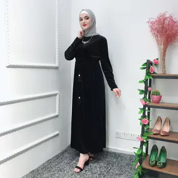 

Muslim Velvet Maxi Dress Jilbab Jalabiya Middle East Ramadan Arab Islamic Abaya Inner Full-length Long Robe Gowns Sashes Tunic