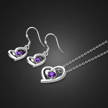 

New fashion Authentic silver jewelry suit solid 925 Sterling Silver necklace Earring Sets charm Woman purple Zircon Jewelry