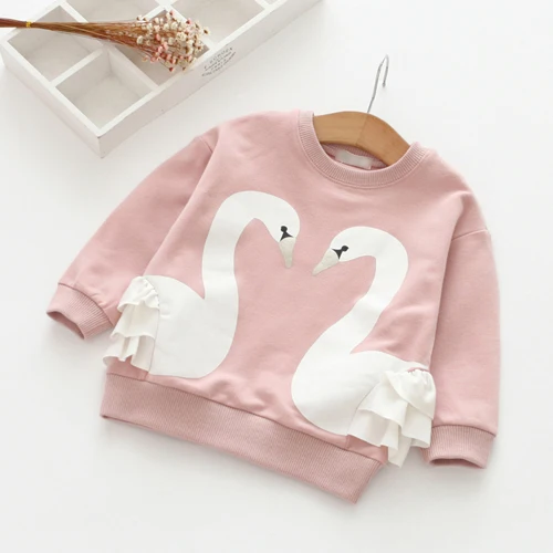 Лидер продаж года, весенне-осенний свитер лебедь для маленьких девочек, детская одежда модная Милая рубашка для девочек топы, футболки - Цвет: Розовый