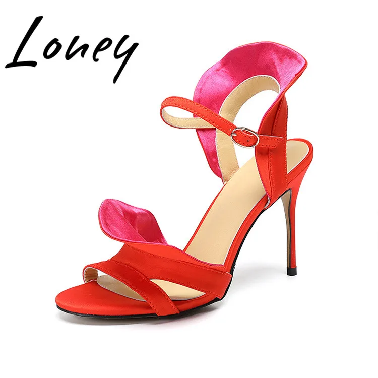 

Loney New Pleated Floral Summer Sandals Open Toe Buckle Strap Thin HIgh Heel Sandals Shoes Women