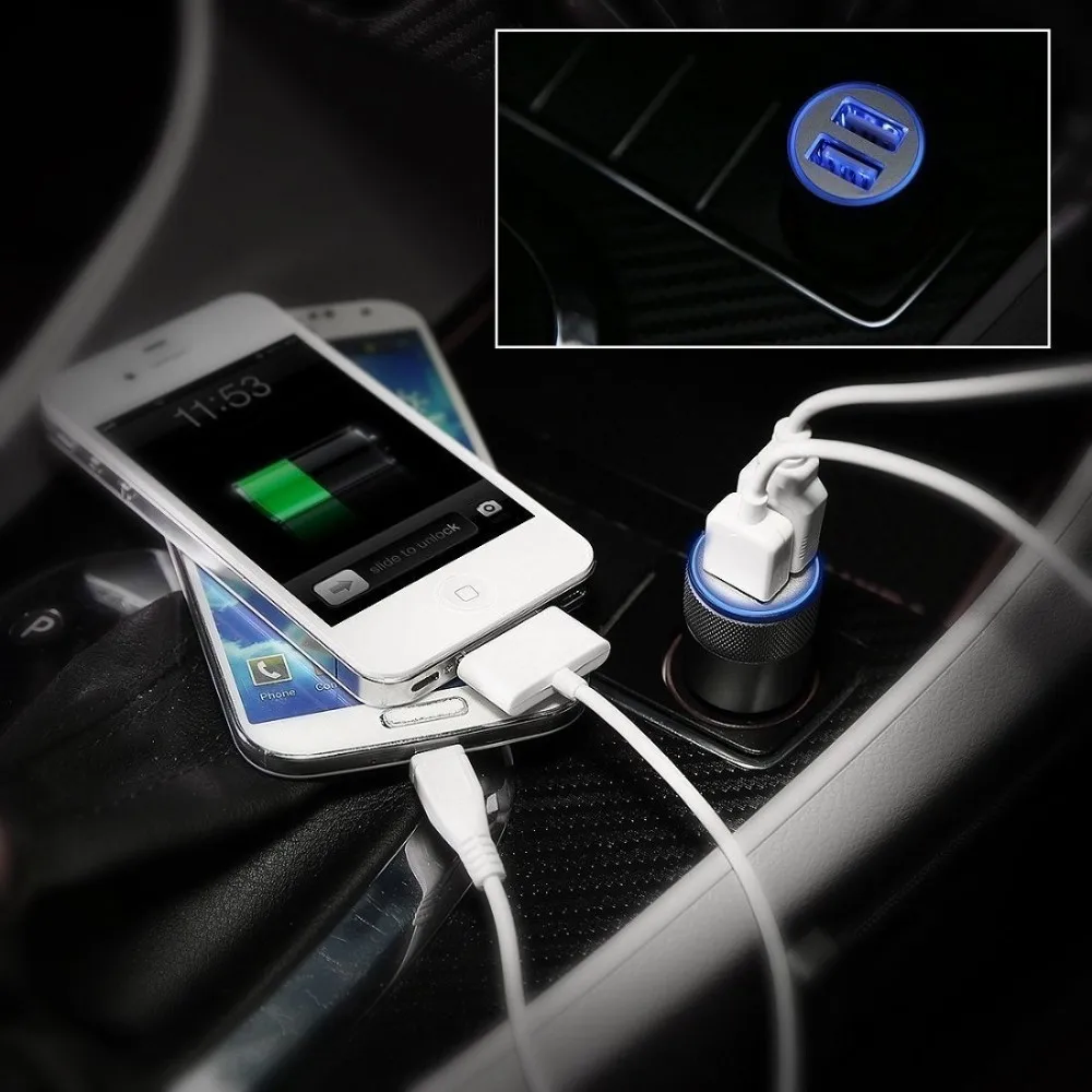 3.1A Dual USB Cell Phone Car Chargers + 2in1 8 pin & Micro to USB Cable