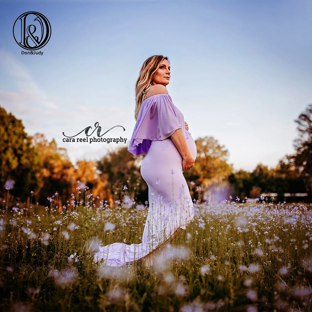 

D&J Ruffle Collar off shoulder Maternity Dress Photography Props Pregnancy Dress Photography For Photo Shoot Pregnant Maxi Gown