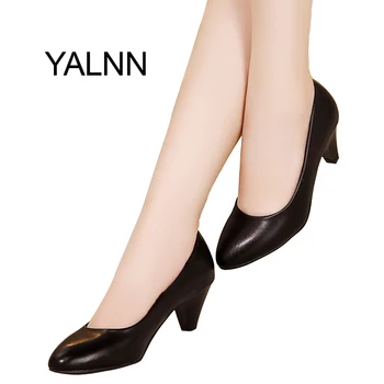 

YALNN Women Med Heel Fashion Pumps Black/white Soft Leather Pointed Toe Leather Shoes Women Pumps Shoes