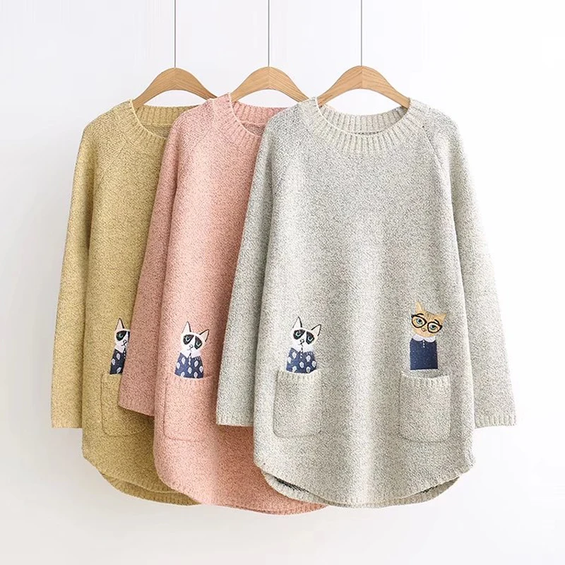 

Cat Pattern Embroidery Sweater Women Winter 2019 Long Sleeve Sweater And Pullovers Women Casual Knitted Sweaters Female Top