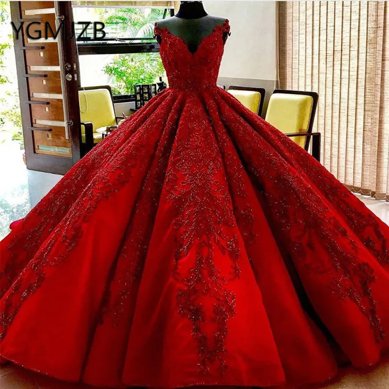 Luxury Red Wedding Dress 2020 Ball Gown V Neck Crystals Beaded Appliques Arabia Bride Dress Wedding Gown Robe De Mariee - Wedding Dresses - AliExpress