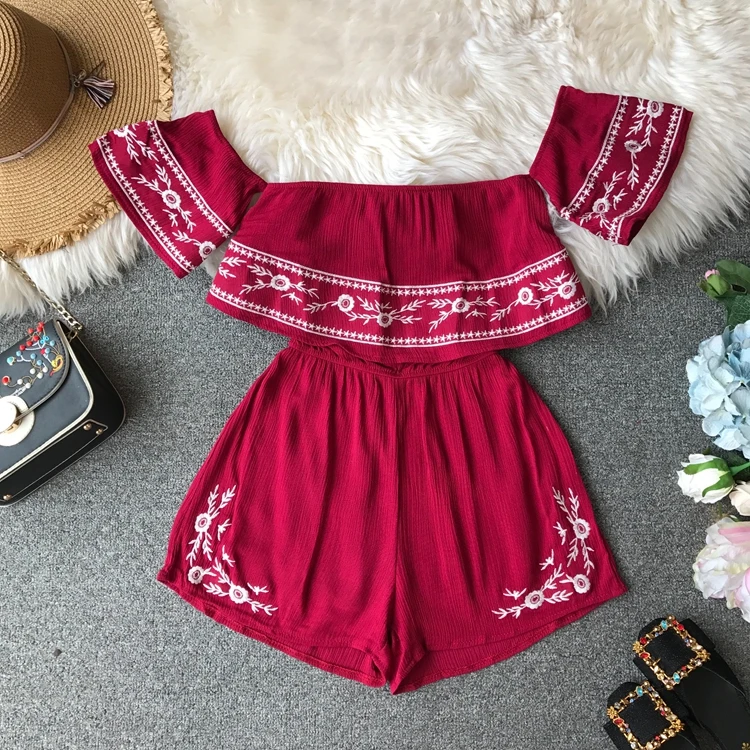burgundy Neploe тяжелые комбинезоны с вышивкой для женщин лето Slash шеи пляжный костюм с короткими рукавами Тонкий талия широкие ноги боди 43555 - Цвет: burgundy