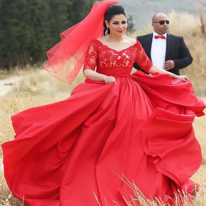 Romantic-Red-Wedding-Dresses-2015-Plus-Size-Half-Sleeves-Bridal-Dress-V-neck-Sexy-Appliques-With