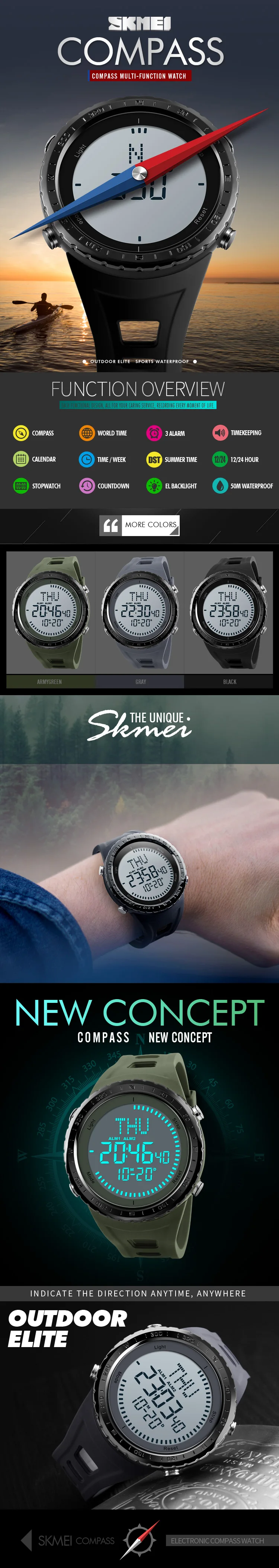 SKMEI Брендовые мужские часы с компасом 5 АТМ водонепроницаемые уличные цифровые спортивные часы мужские электронные наручные часы с подсветкой 1342