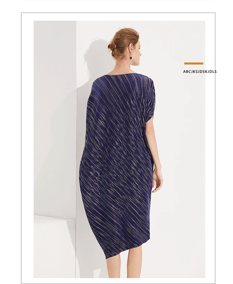 Бесплатная доставка модное Miyake складное Полосатое платье с коротким рукавом с круглым вырезом асимметричное платье доступно