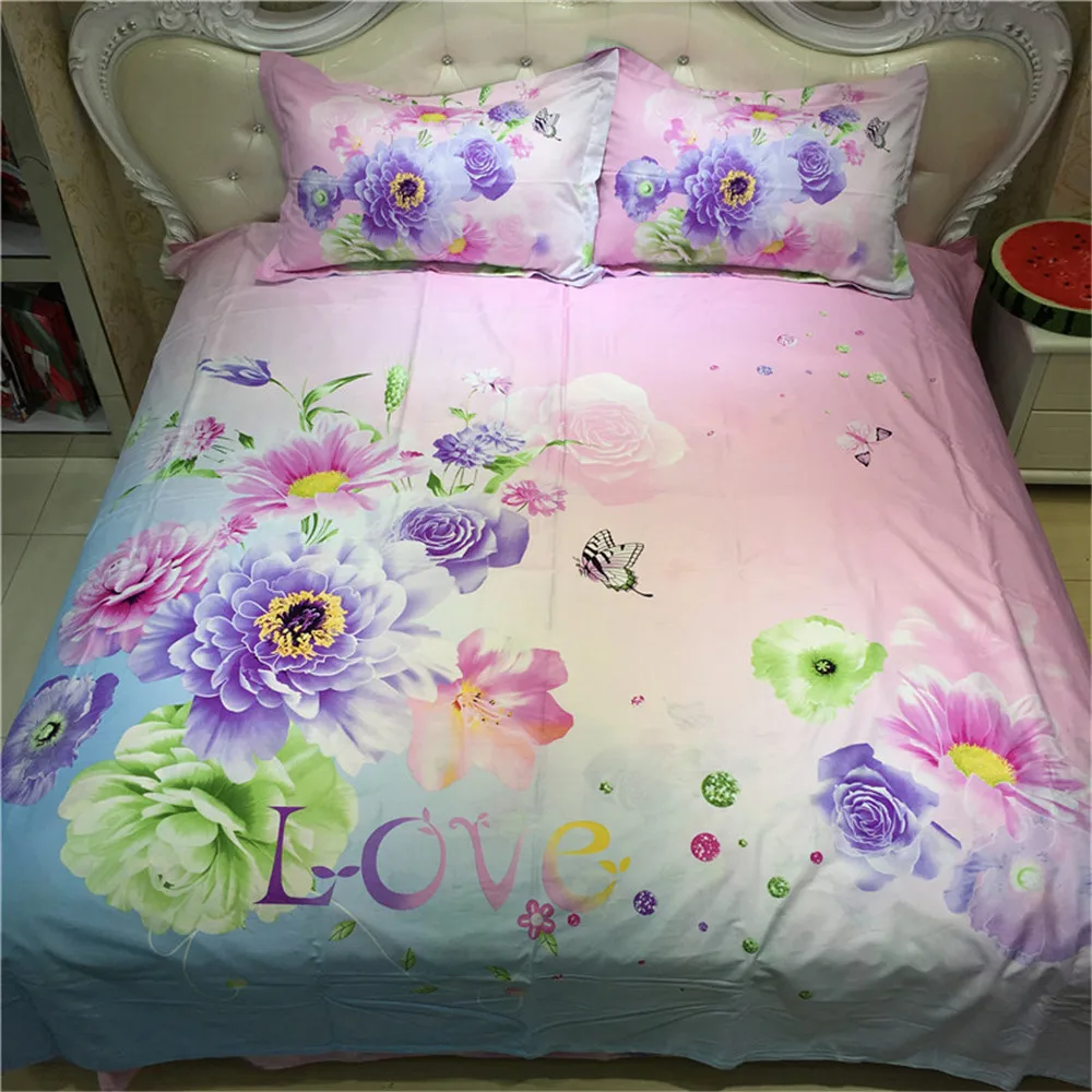 Bright Color Flower and Butterfly Rose Daisy Bedding Set Queen Size Bed