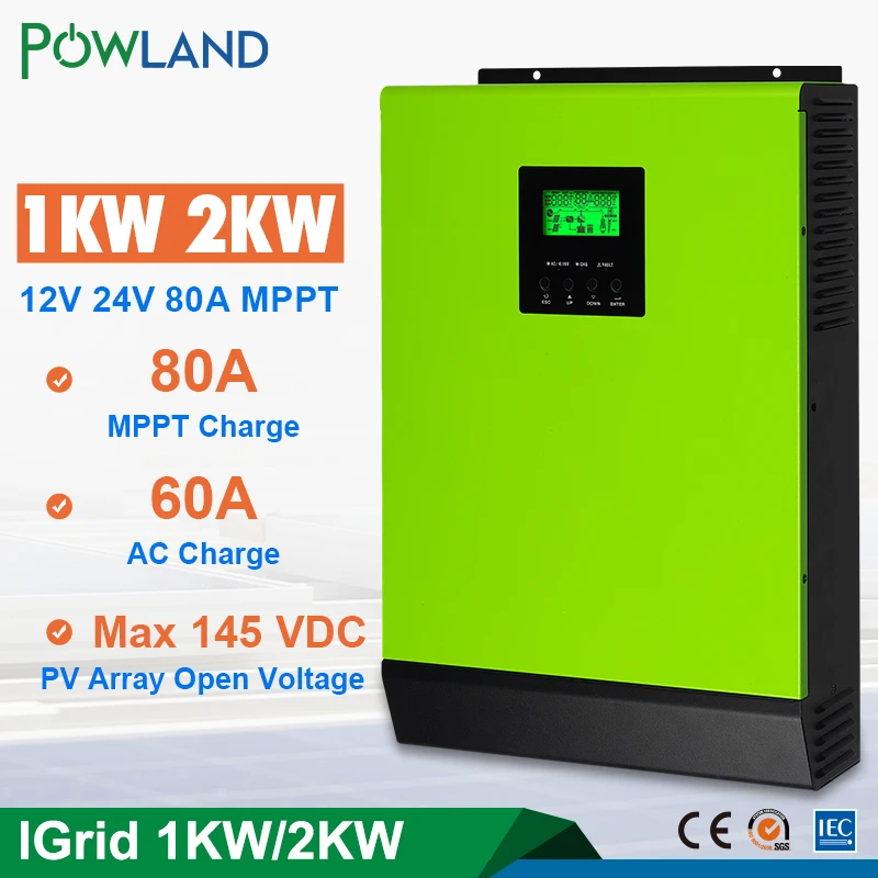 12V 24V Сетевой инвертор 80A MPPT Гибридный солнечный 1000w 2000w 220V чистый синусоидальный 60A