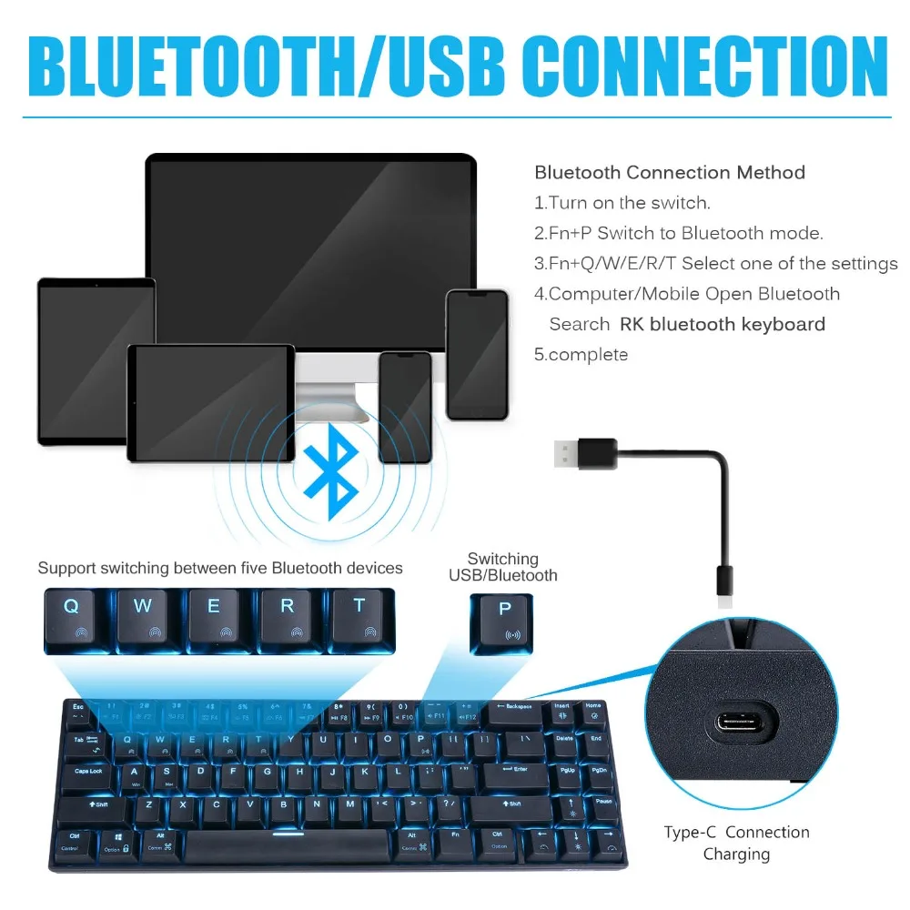 ロイヤルその場しのぎ RK71 71 キーメカニカルキーボード小型コンパクト Bluetooth 3.0 ワイヤレス USB アイスブルー Led  バックライトブルーブラウンスイッチ