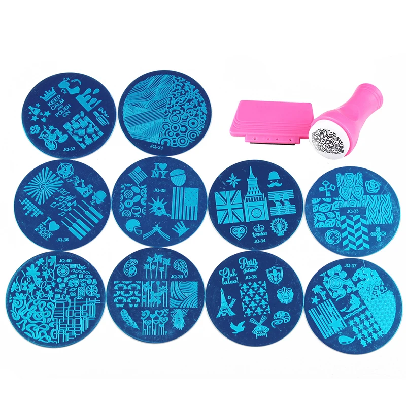 Buy 10Pcs Different Design Nail Stamping Plate With 1Pcs Stamper Template Image