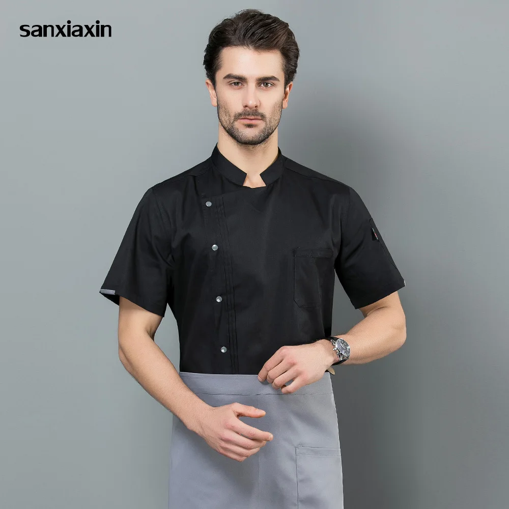 

sanxiaxin White black Food Service Chef Jacket Short sleeved restaurant uniforms high quality hotel Kitchen work clothes men