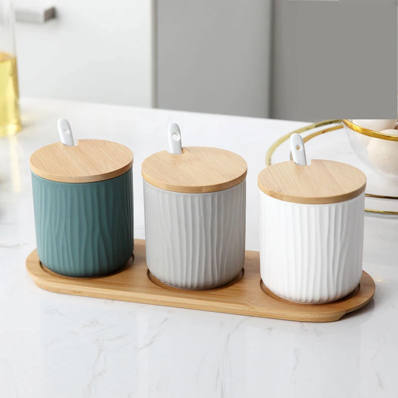 

Ceramic Sugar Bowl Home Kitchen Salt Condiment Pot Jars With Spoons