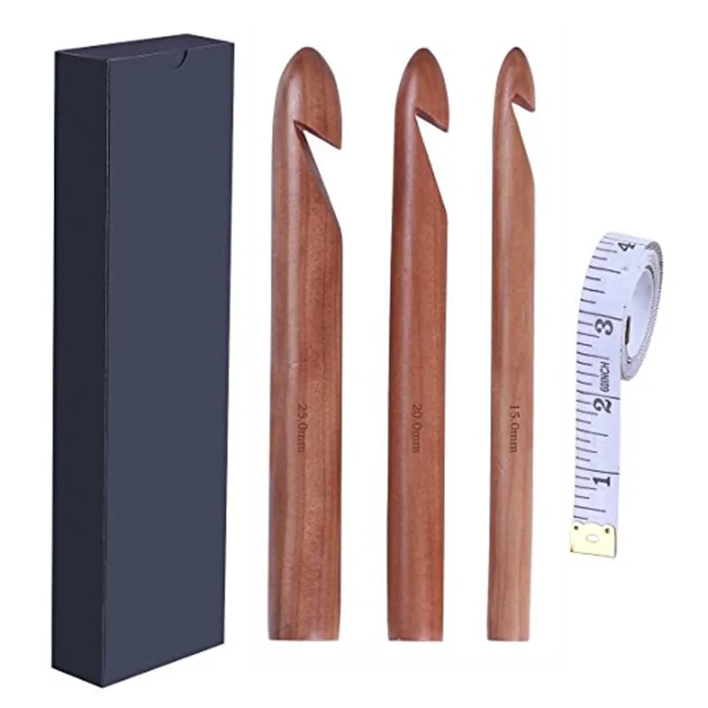 Looen Brand Mix 3pcs 152025mm Handcrafted Wooden Crochet Hooks Giant Yarn Hook For Knitting With Box For Mother Women Gift (1)