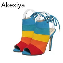 Akexiya neue stil frauen sexy lace up multicolor heraus hohe heels Peep Toe Sandalen Flip flops Damen promi Pumpt Schuhe gelb