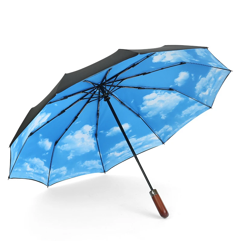 Креативный для мужчин Зонт от дождя и солнца для женщин автоматический трехскладной 10 костей с деревянной ручкой бизнес женский двухслойный зонтик