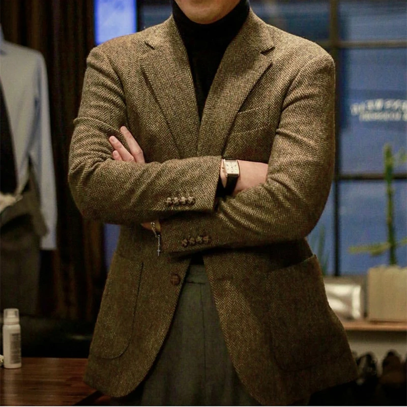 Мужская твидовая куртка на заказ, коричневое твидовое пальто, мужское твидовое пальто на заказ, пальто в елочку, блейзер, Мужское пальто в елочку