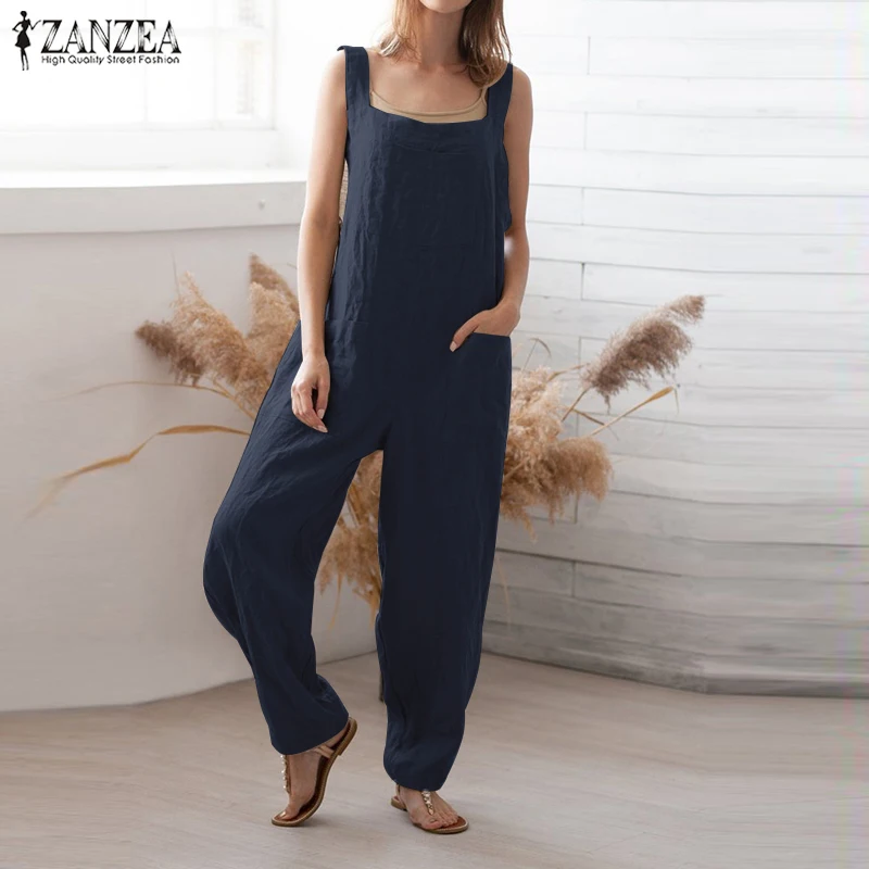 

S 5XL ZANZEA Summer Party Overalls 2019 Women Solid Jumpsuits Causal Strappy Cotton Long Loose Suspender Rompers Female Playsuit