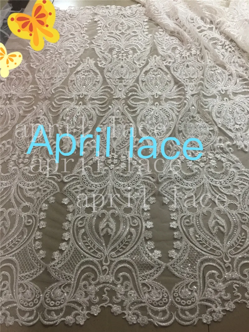 

ap810# 5yards good quality cord french lace furry shining sequin haute couture tulle mesh lace fabric for wedding bridal gown