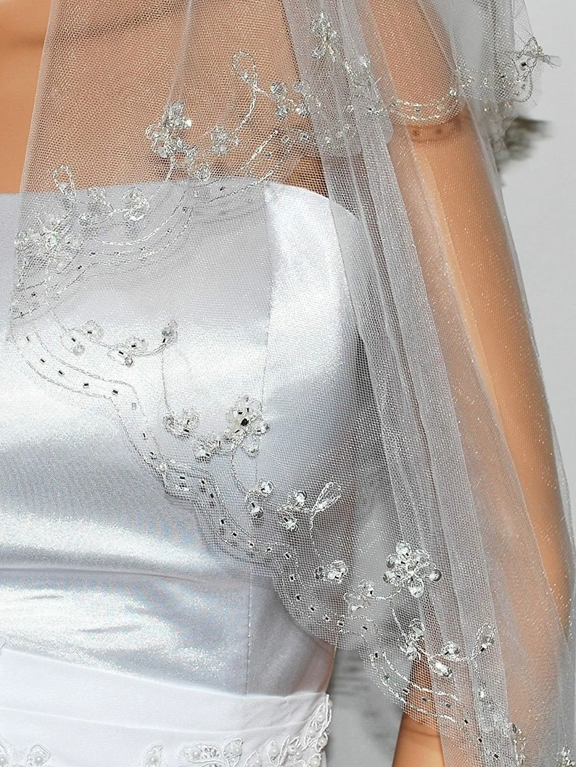 

2T2 Tier Silver Lined Beaded Edge Fingertip Length Bridal Wedding Veil...