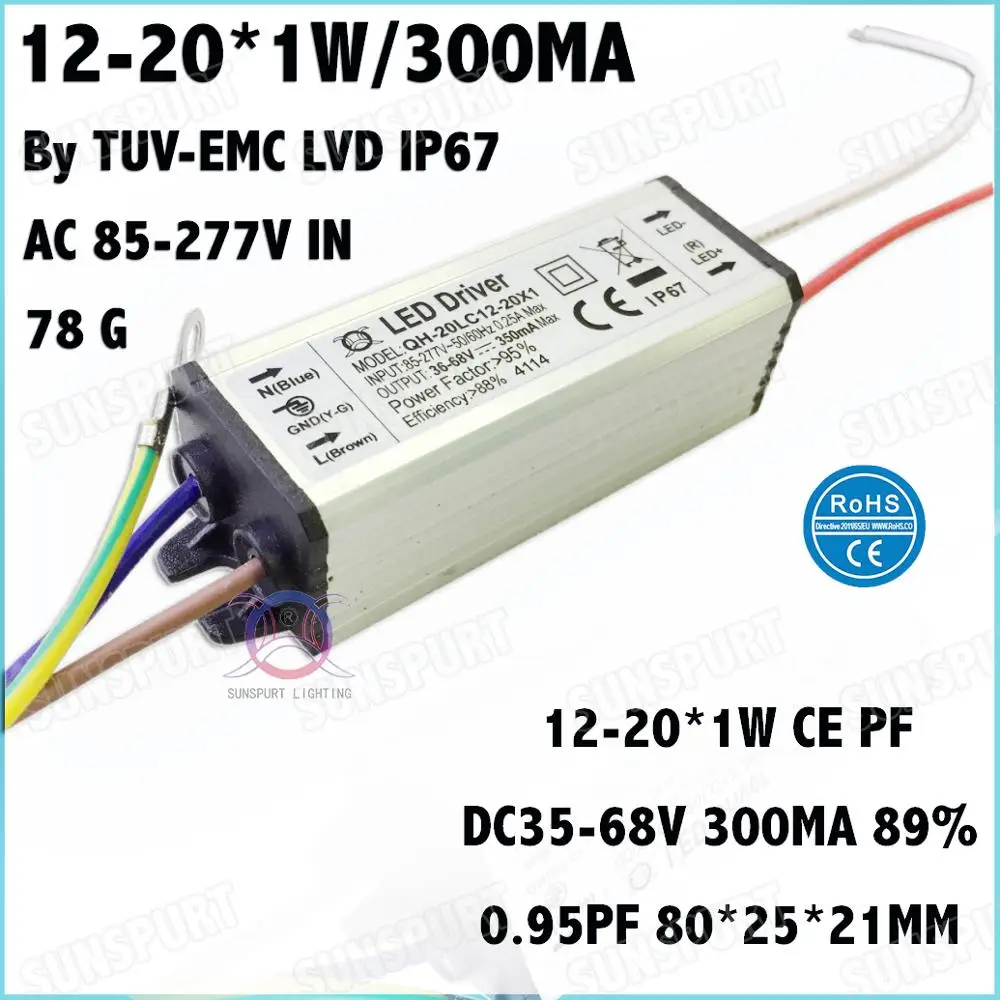 

5 Pcs TUV-CE IP67 PF 20W AC85-277V LED Driver 12-20Cx1W 300mA DC35-68V Constant Current LED Power For Ceiling Lamp Free Shipping