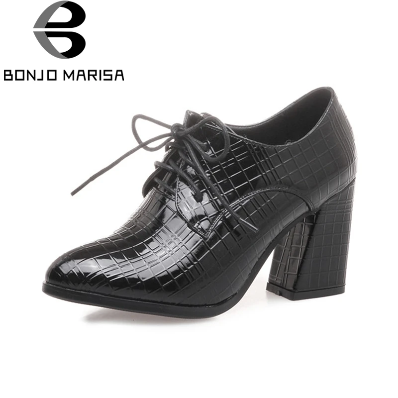 

BONJOMARISA Women's Vintage Chunky High Heels Lace Up Pointed Toe Shoes Woman Less Platform Pumps 2019 Big Size 33-43