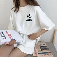 GOT7 KPOP Для женщин летний комплект хлопок короткий рукав Футболка+ Высокая талия широкие шорты Повседневная с напечатанными буквами, белого и серого цвета